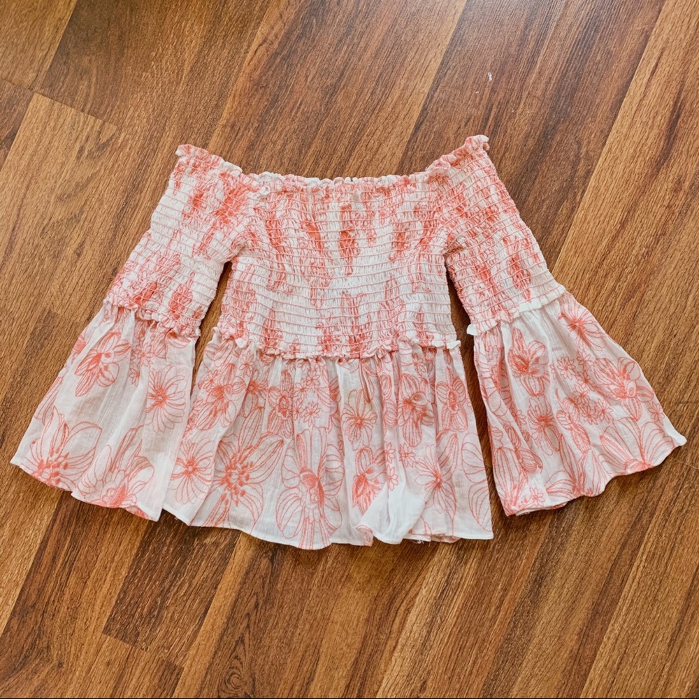 NEW • Off Shoulder Embroidered Floral Coral Top